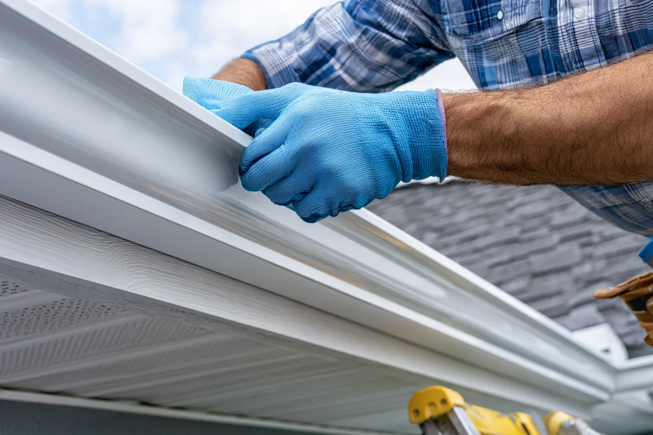 Gloved hands fitting metal trim along a roof edge above the soffit