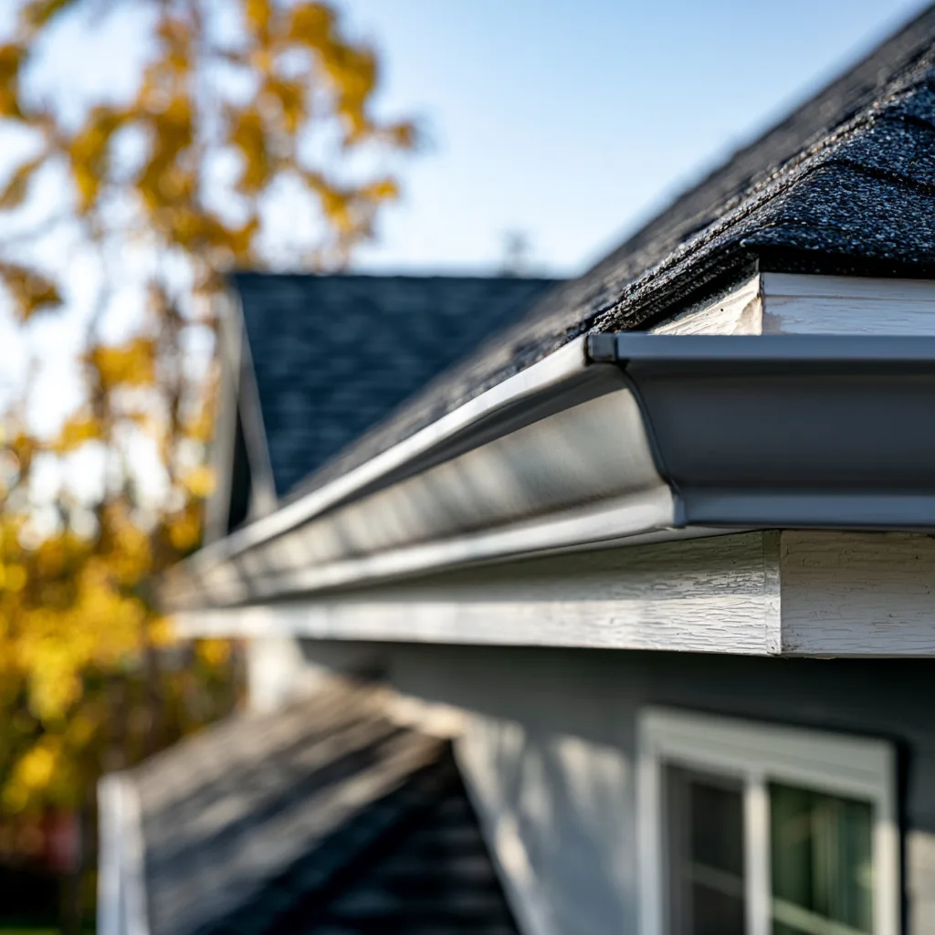 K style gutter along an eave with autumn trees behind
