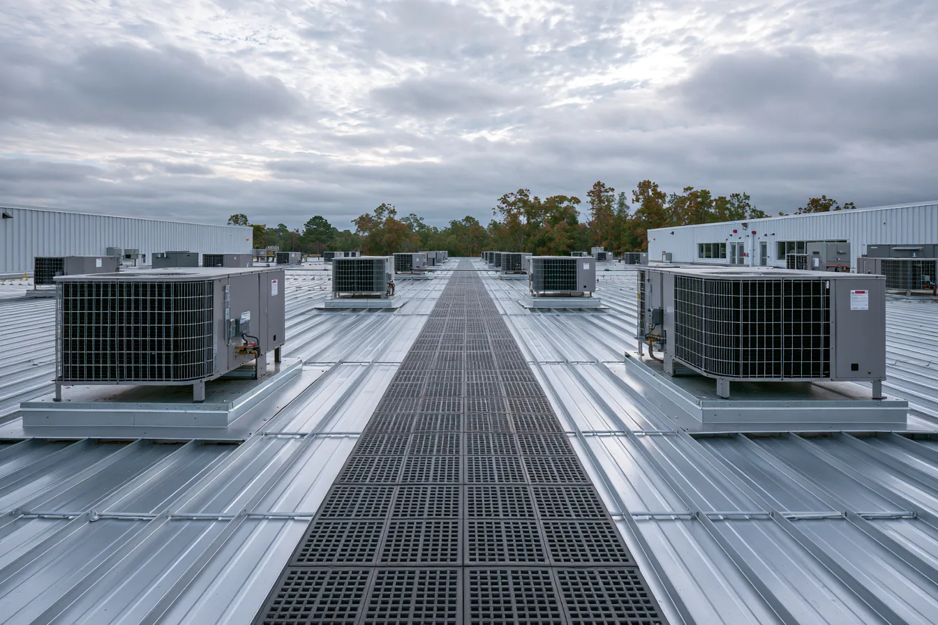 Commercial metal roof with equipment and walk pads